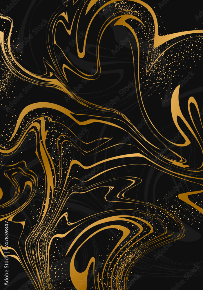 Abstract liquid background. Fluid art. Elegant cover design. Luxury marble pattern in gold and black colors. Minimalist vector template for invitation, postcard, brochure, flyer. Abstract liquid background. Fluid art. Elegant cover design. Luxury marble pattern in gold and black colors. Minimalist vector template for invitation, postcard, brochure, flyer.