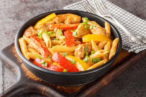 Rasta Pasta is a Penne cooked in rich creamy sauce with Jerk Chicken, sauteed onions, Sweet Peppers, garlic closeup on the bowl on the wooden board. Horizontal