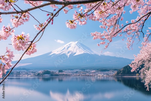 A stunning lake surrounded by mountains  with one snow-capped peak towering in the background  Sakura blossoms framing Mount Fuji  AI Generated