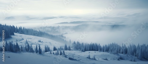 Foggy Winter Wonderland: Canon RF 50mm Captures Snowy Landscape in Serene Ambiance