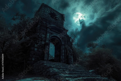 A dark and eerie building with creepy aesthetic features, including a set of stairs leading up to its entrance, Scary vampire crypt under a moonlit sky, AI Generated