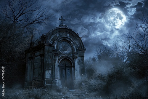 A haunting scene of a cemetery illuminated by the eerie light of a full moon, Scary vampire crypt under a moonlit sky, AI Generated photo