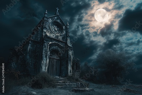 An old church stands illuminated under a full moon  creating a mystical ambiance  Scary vampire crypt under a moonlit sky  AI Generated