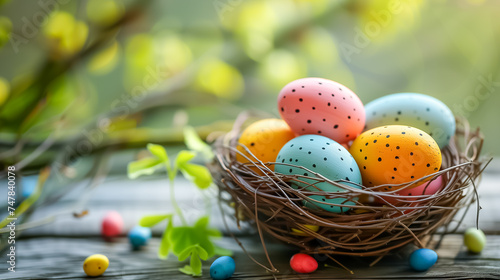 Easter card with painted Easter eggs in nest on wooden table with blossom branch. free space