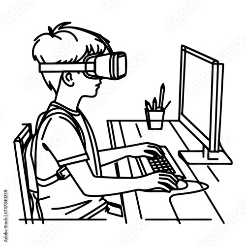 single continuous drawing black line art linear boy using virtual reality headset simulator glasses to learn new technology