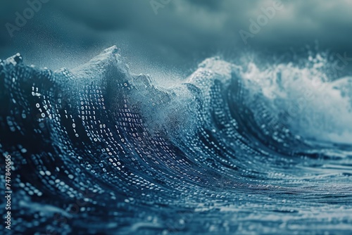 A powerful and towering wave rises in the center of the expansive ocean, exhibiting the forces of nature, Sea waves composed of binary code, AI Generated photo