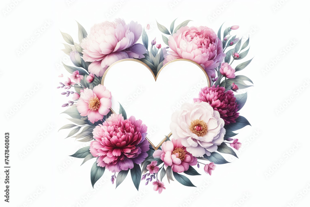 Beautiful pink peony flowers in a heart shape frame on white background with copy space for text. Watercolor illustration.