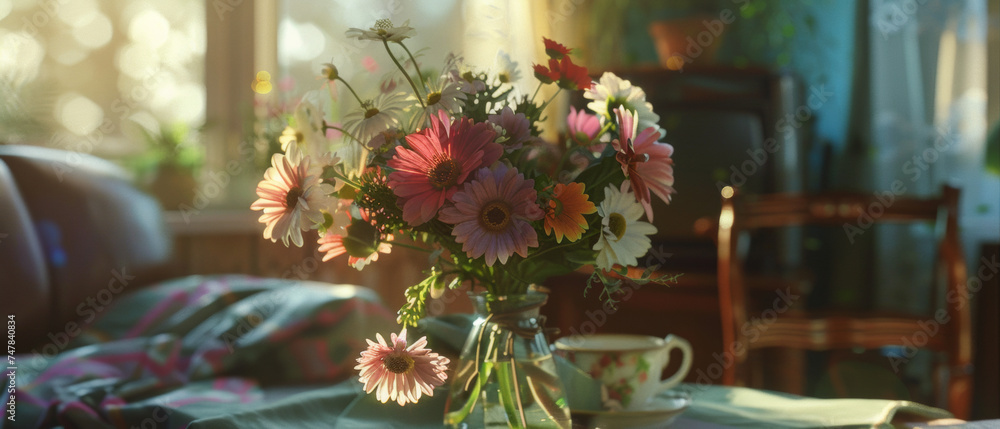 A vase of vibrant wildflowers basking in soft morning light, offering peaceful and homely vibes.