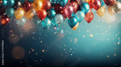 blue and orange metallic balloons with ribbons and sparkles on a blue background