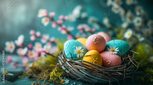Easter card with painted Easter eggs in nest on wooden table with blossom branch. free space