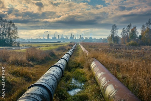 A photo of a pipeline running through a field, against a backdrop of the sky, Serene pastoral landscape with industrial pipelines crossing through, AI Generated