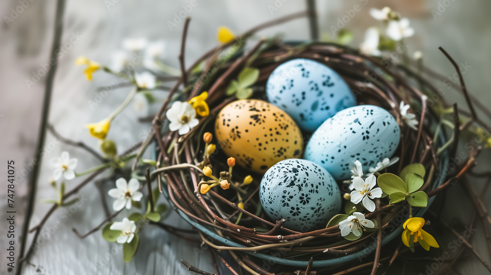 Easter card with painted Easter eggs in nest on wooden table with blossom branch. free space, top view Easter card with painted Easter eggs in nest on wooden table with blossom branch. free space, top view