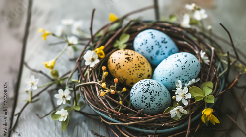 Easter card with painted Easter eggs in nest on wooden table with blossom branch. free space, top view