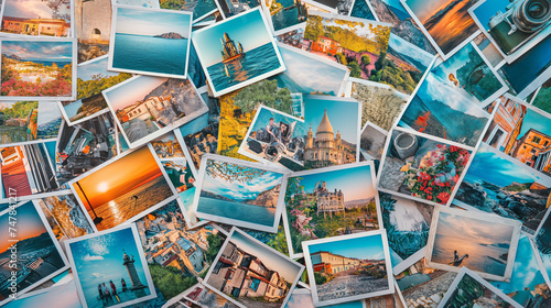 Top view of A collage of many photos. Lots of vacation travel photos