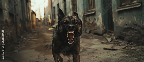 Intense guard dog snarls menacingly in a deserted alleyway. photo