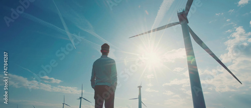 A man contemplates renewable energy future looking at wind turbines under a bright sky. photo