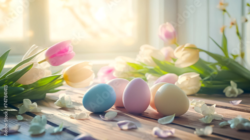 Easter card with pastel colors Easter eggs on wooden table with tulips indoor. free space