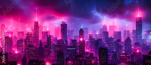 Night Cityscape with Modern Skyscrapers  Neon Futuristic Architecture and Illuminated Urban Skyline