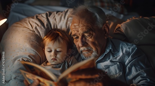 Grandpa-Grandchild Bonding Time Reading a Book in Bed