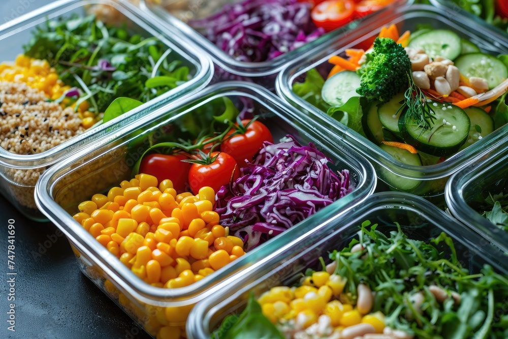 A detailed view of a tray filled with an assortment of vibrant vegetables and nourishing food items, Several portioned containers filled with delicious, colorful salads, AI Generated
