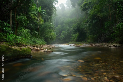 A powerful river cuts through a dense green forest  creating a captivating scene of nature in motion  Serpentine river quietly flowing through a rainforest  AI Generated