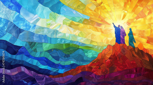 Illustrate the Transfiguration of Jesus on the mountain with Moses and Elijah in stained glass, using radiant colors to highlight the divine revelation and the awe of the witnessing disciples.