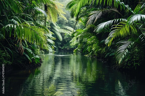 A meandering river cuts through a verdant forest  showcasing the vibrant foliage and the waters rhythmic movement  Serpentine river quietly flowing through a rainforest  AI Generated