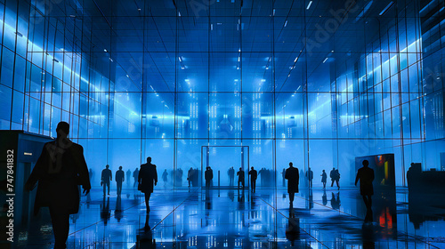 Busy Urban Interior with Silhouetted Figures, Modern Architecture and Motion Blur, Abstract People and Movement
