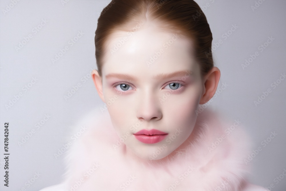 Portrait of a fashionable girl in stylish fur clothes on gray background