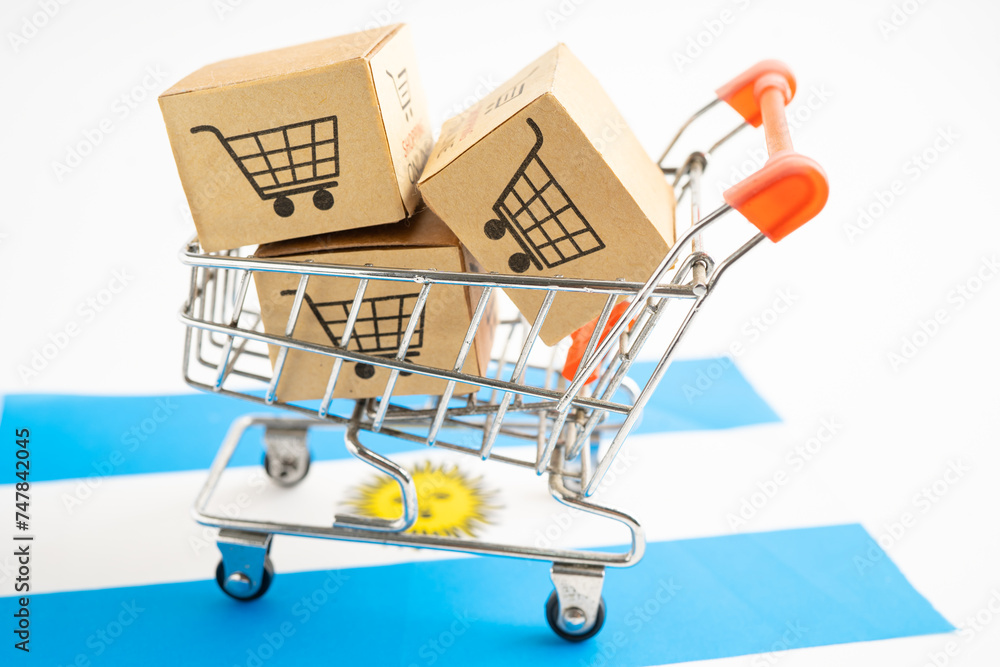 Box with shopping online cart logo and Argentina flag, Import Export commerce finance delivery trade.