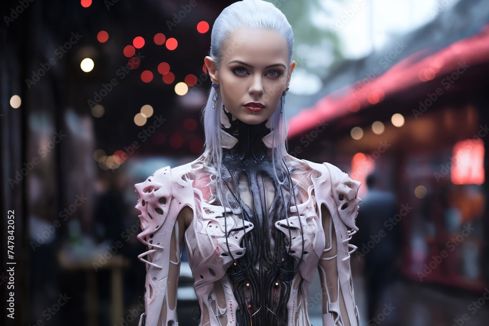 Portrait of a fashionable girl with purple hair and a fabulous warrior costume as a cosplay in Asian fantasy style on the background of an evening city street Portrait of a fashionable girl with purple hair and a fabulous warrior costume as a cosplay in Asian fantasy style on the background of an evening city street
