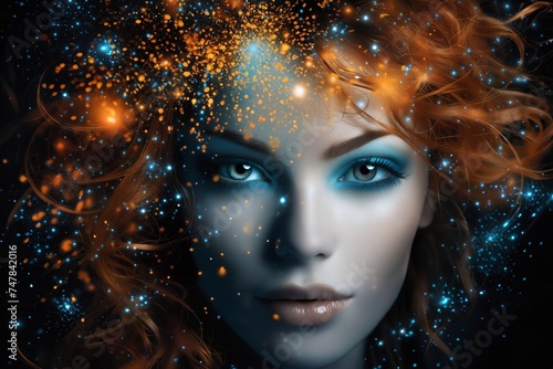 portrait of a beautiful woman with particles of light surrounding her face as a symbol of magic