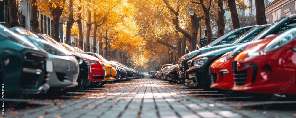 Cars parking in row on park autumn place