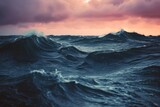 A wide expanse of water stretches out under the cover of a cloudy sky, creating a serene and expansive view, Sharp contrast of dark waves against a pastel sky, AI Generated