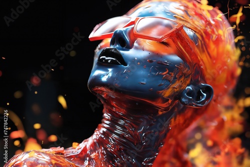 woman with red glasses and a fire painted body is looking up at something in the air, 3D render, computer art © soleg