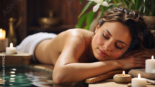 woman relaxing in salon, Relaxed woman enjoying a soothing facial massage in a serene spa setting. Woman Relaxing With Facial Mask at Spa During Daytime