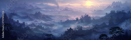 The painting depicts a mist-covered mountain range illuminated by the soft glow of early morning light