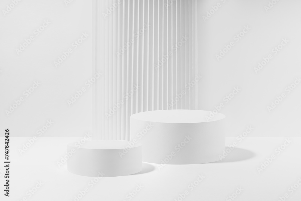 Two white round podiums with striped column as geometric decor, set, mockup on white background. Template for presentation cosmetic products, gifts, goods, advertising, design in modern style. Two white round podiums with striped column as geometric decor, set, mockup on white background. Template for presentation cosmetic products, gifts, goods, advertising, design in modern style.