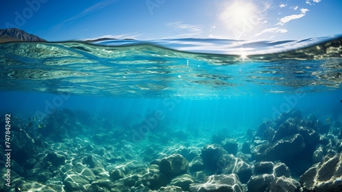 Tranquil Underwater Scene: Sunlit Sky and Calm Sea Split View, Canon RF 50mm f/1.2L USM Capture