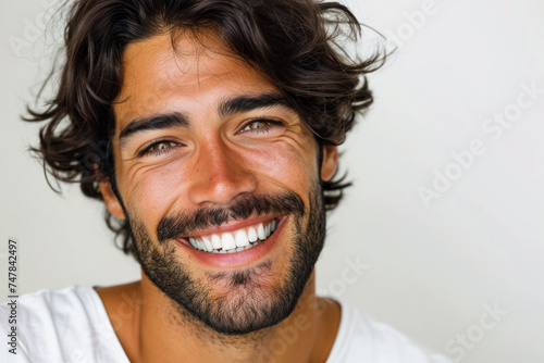 Handsome man with beard smiling against white background. Beauty and grooming. © Postproduction