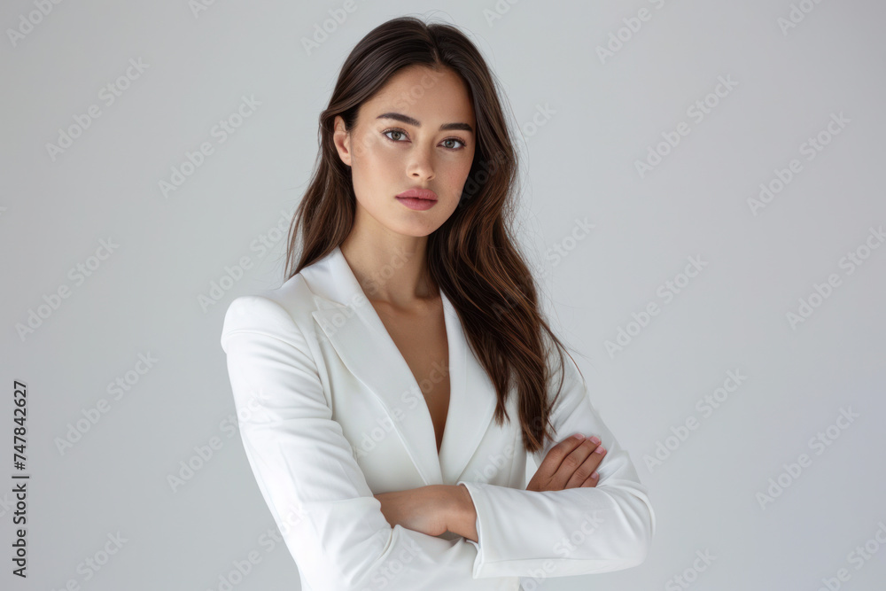 Confident business woman in white suit standing with arms crossed. Professional leadership and career. Confident business woman in white suit standing with arms crossed. Professional leadership and career.