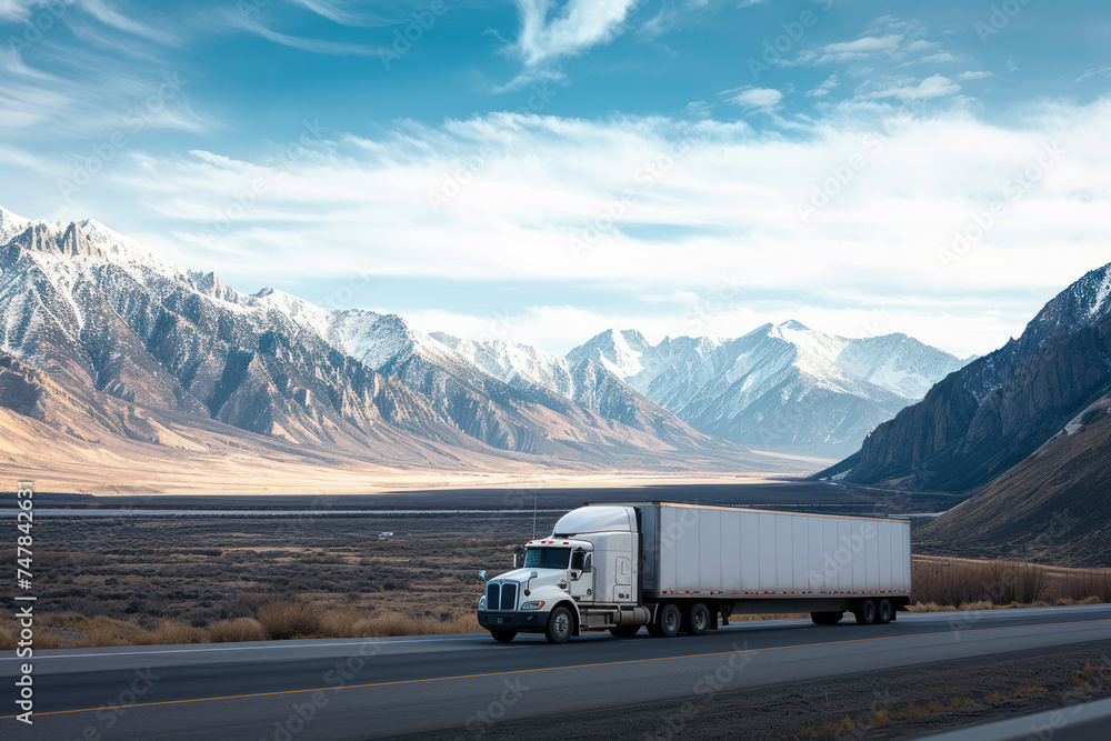Obraz premium Semi truck on highway with scenic mountain landscape. Logistics and transportation.