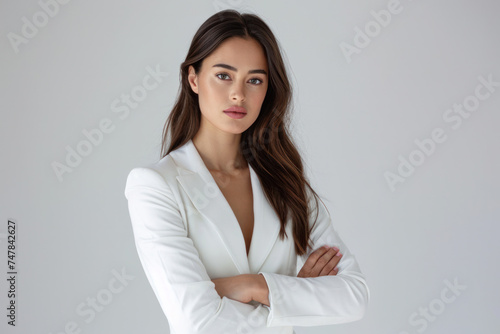 Confident business woman in white suit standing with arms crossed. Professional leadership and career.