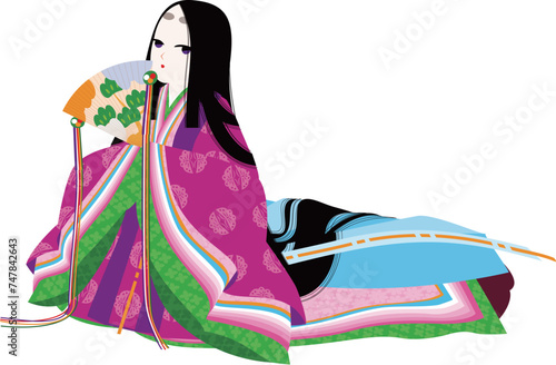 檜扇をもった十二単衣の女性キャラクターのイメージイラスト