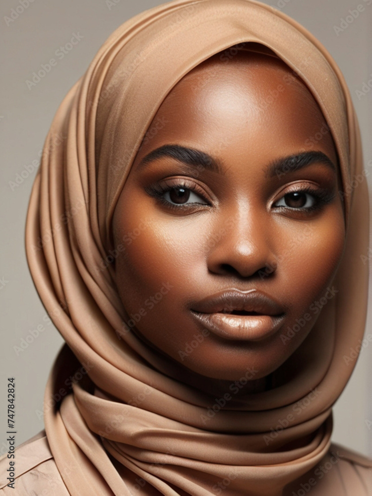 Gorgeous stylish black Muslim woman with beautiful makeup and luxurious silk hijab Gorgeous stylish black Muslim woman with beautiful makeup and luxurious silk hijab