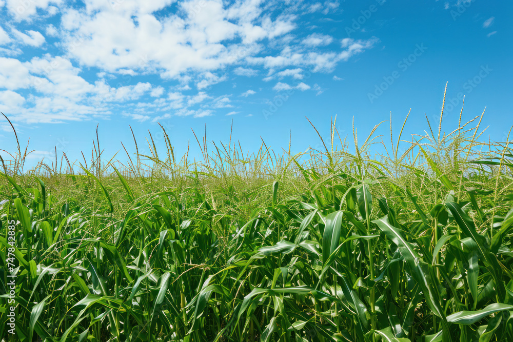 Green cornfield under blue sky on sunny day. Agriculture and farming.