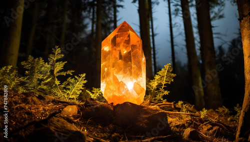 Amber crystal in the forest at night. Selective focus.