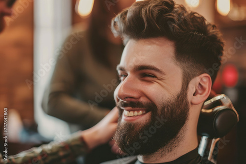Smiling man getting haircut and beard trim at modern barbershop. Men's grooming and lifestyle.