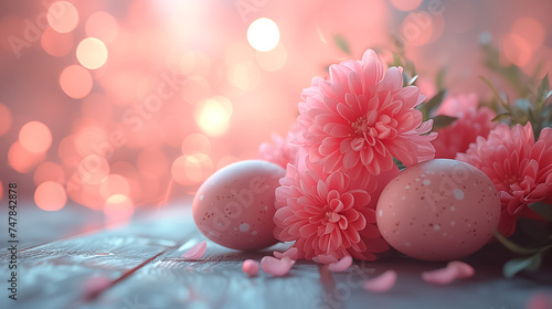 Easter card with pastel colors Easter eggs on wood with flowers on blurred background. free space