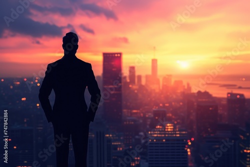 A mans silhouette is shown standing against a cityscape backdrop filled with tall buildings and urban infrastructure, Silhouette of a business person against a city skyline at sunset, AI Generated